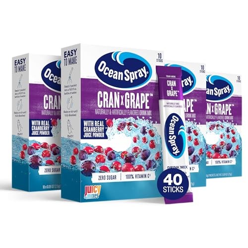 Ocean Spray® Cran-Grape™ Zero Sugar Powder Drink Mix Packets with Real Cranberry Juice Powder, 100% Vitamin C, No Synthetic Dyes, Juicy Mixes (40ct