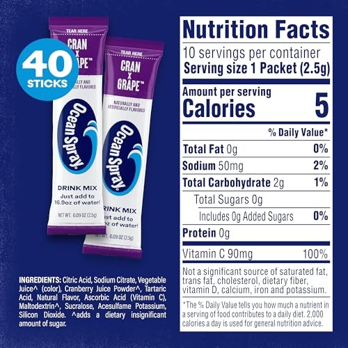 Ocean Spray® Cran-Grape™ Zero Sugar Powder Drink Mix Packets with Real Cranberry Juice Powder, 100% Vitamin C, No Synthetic Dyes, Juicy Mixes (40ct thumbnail