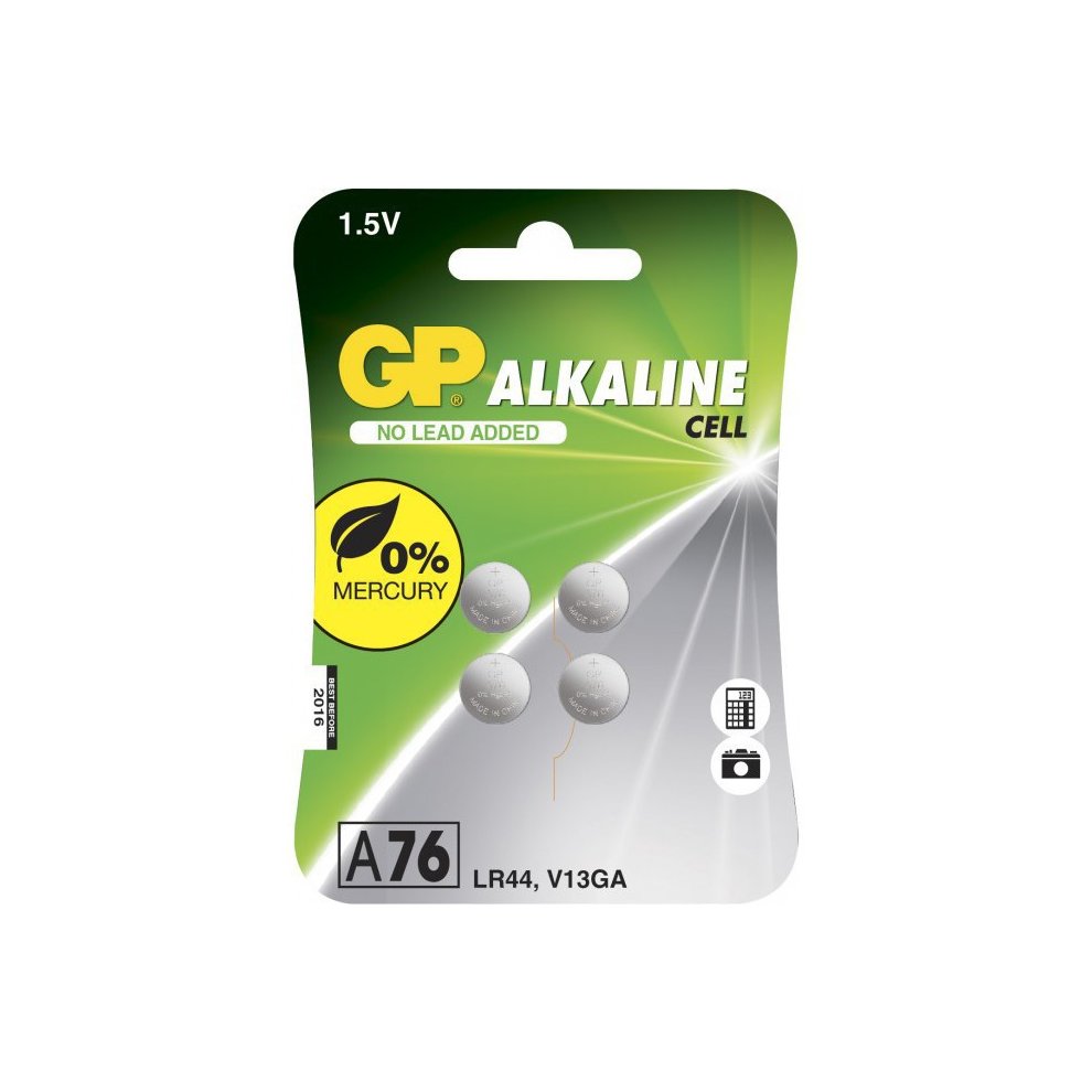 Gp Batteries A76 LR44 1.5V Alkaline Button Cell Batteries, 4 Pack