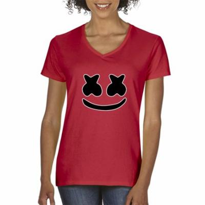 Trendy USA 1136 - Women's V-Neck T-Shirt Marshmello DJ Smiley Face Small Red