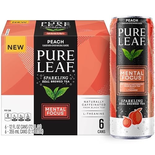 Pure Leaf Mental Focus Sparkling Real Brewed Iced Tea, Peach, 12 Fl Oz Cans (6 Pack), Caffeine, L Theanine, Zero Sugar, Zero Calories