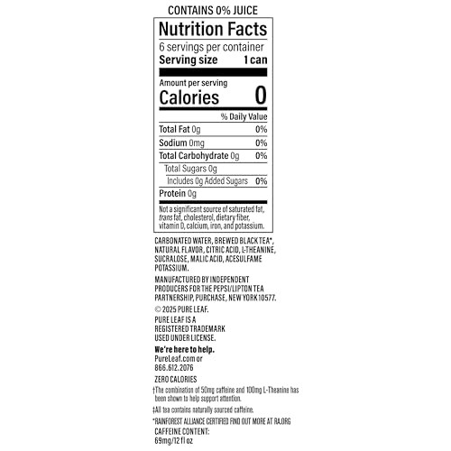 Pure Leaf Mental Focus Sparkling Real Brewed Iced Tea, Peach, 12 Fl Oz Cans (6 Pack), Caffeine, L Theanine, Zero Sugar, Zero Calories thumbnail