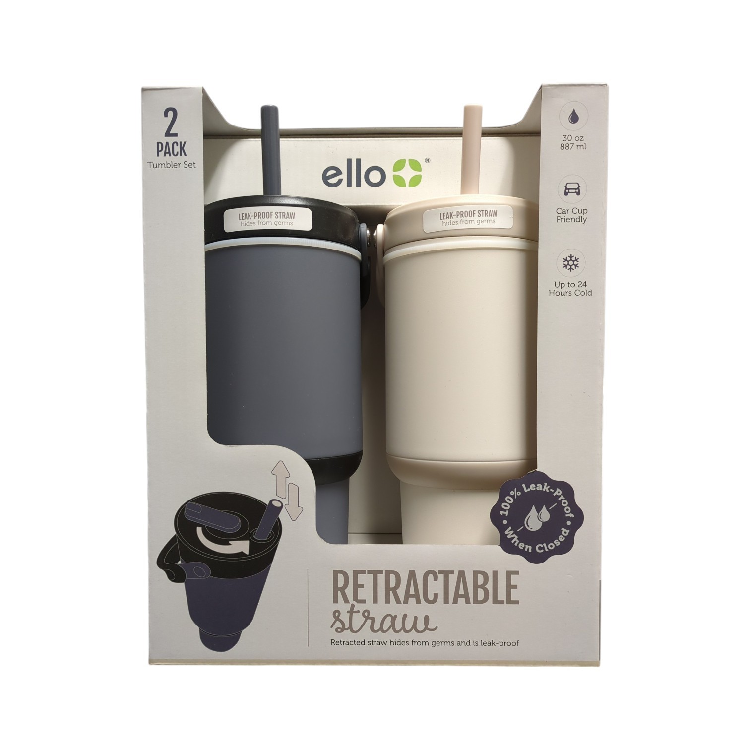 ello oasis go 30oz leak-proof stainless steel tumbler, 2 pack