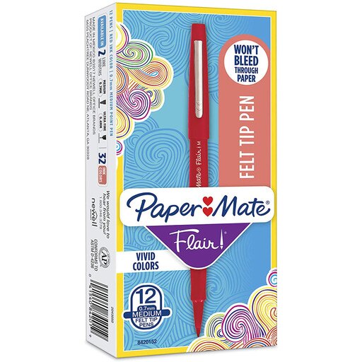 Paper Mate Flair Felt Tip Pen, 0.7mm, Medium Point, Red Ink, 12-Count