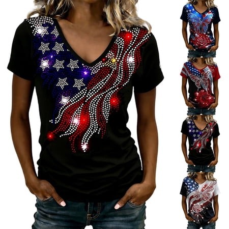 SXCXLSA Women S Patriotic 250th Anniversary Sparkling Print V-Neck Tee  USA Flag Rose Graphic Top  1776-2026 American Birthday Soft Comfort Shirt  Tre