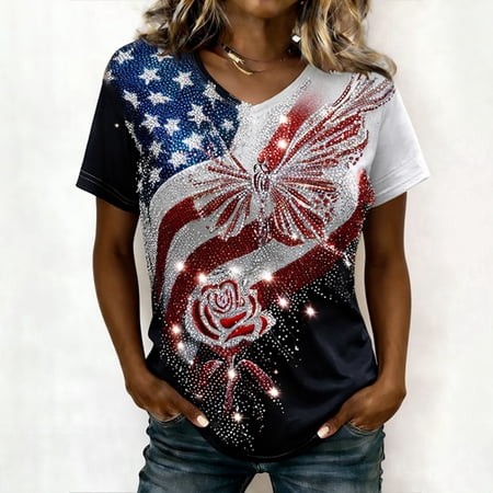 SXCXLSA Women S American 250th Anniversary V Neck Sparkling Print T-Shirt Women Patriotic Flag Rose Printed Tops American 1776-2026 250th Birthday Tre
