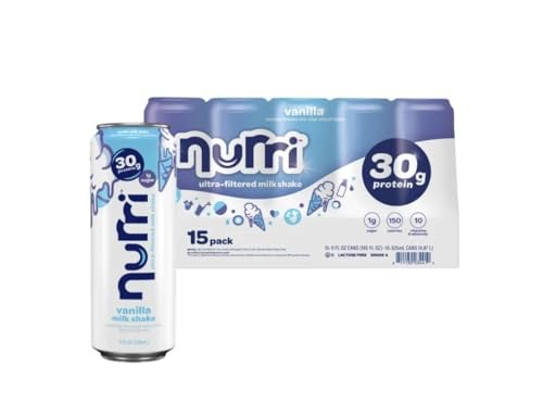 Nurri Protein Milk Shake Vanilla Flavor, 30g Protein, 1g Sugar, 150 Calories, 10 Vitamins & Minerals, 11 Fl Oz Ready-to-Drink Shakes, 15 Pack (Vanilla