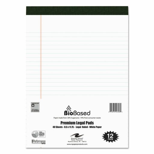 USDA Bio-Preferred Legal Pad, Wide/Legal Rule, 8.5 X 11.75, White, 40 Sheets, 12