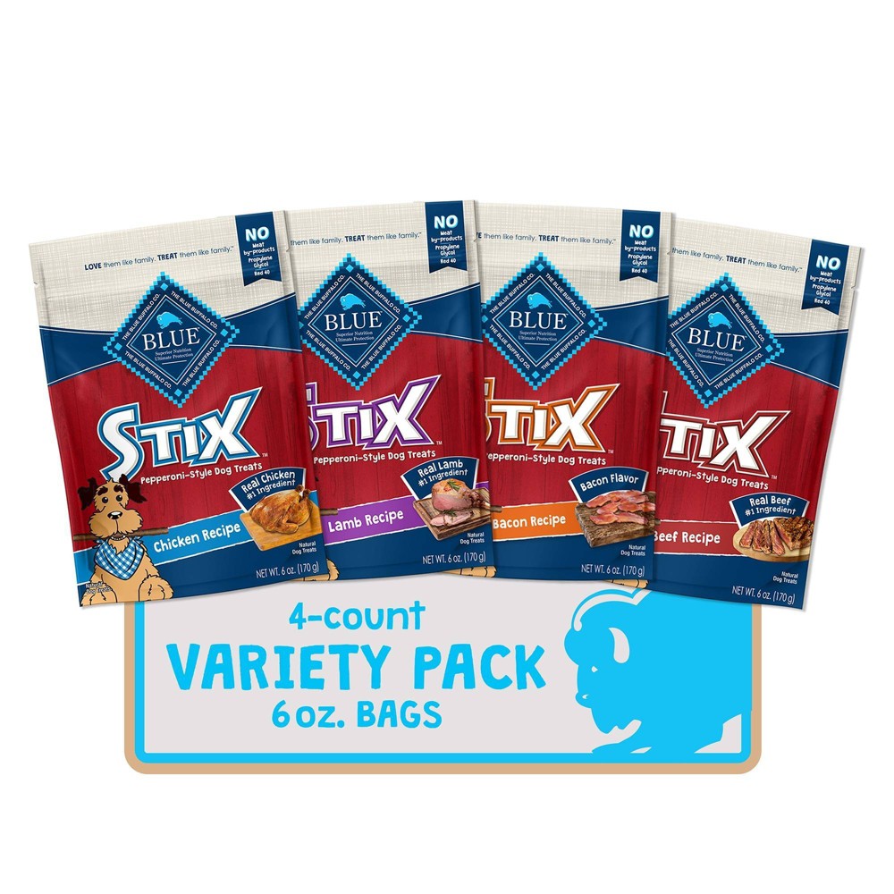 Blue Buffalo Stix Natural Beef, Bacon, Lamb, and Chicken Recipes Soft-Moist Dog Treats Variety Pack, 6 Oz., Count of 4