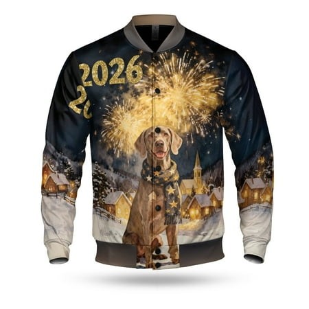 Weimaraner Happy New Year 2026 with Fireworks on New Year S Eve All Over Print 3D Baseball Jacket Weim Gray Ghost Dog Lover Bomber Jacket Softball - 1