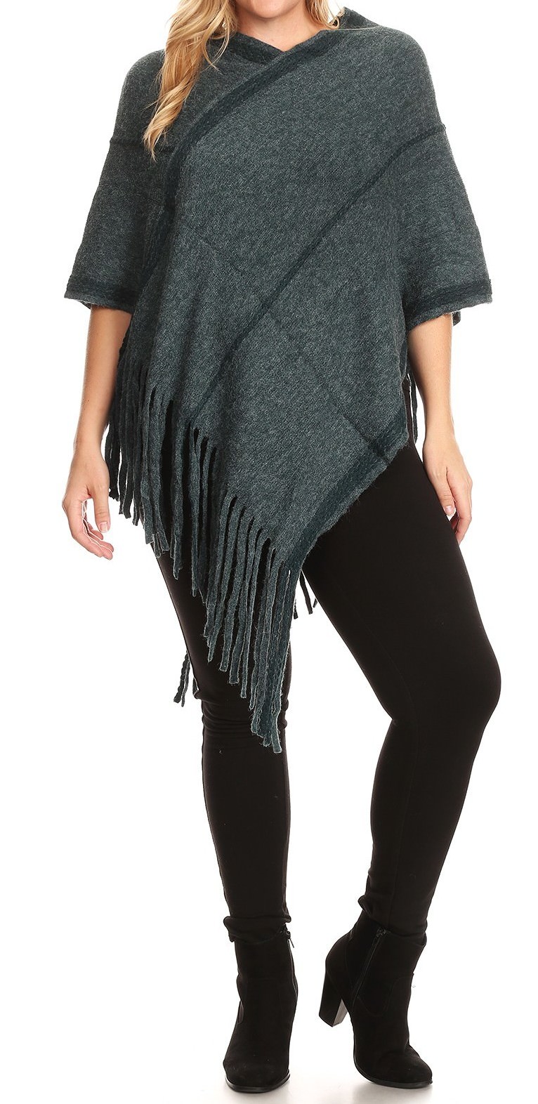 BNY Corner Women Plus Size Wool Blend Asymmetrical Fringe Knit Pullover Poncho Teal Green 4723 BNY Corner