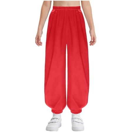 Haitryli Kids Girls Boys Martial Arts Pants Satin Kung Fu Trousers Tai Chi Elastic Waistband Solid Color Pants Red 16