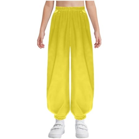 Haitryli Kids Girls Boys Martial Arts Pants Satin Kung Fu Trousers Tai Chi Elastic Waistband Solid Color Pants Yellow 16