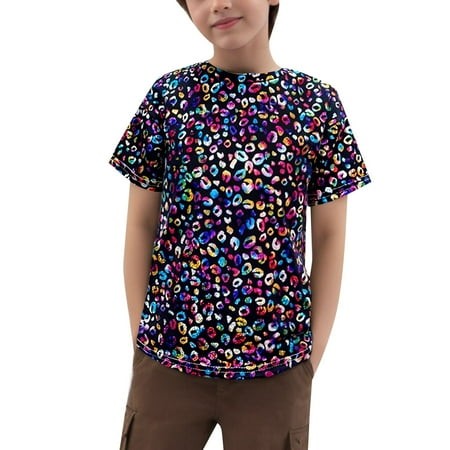 JIAYUE Girls Shirts O-Neck Fashion Leopard Print Sequin Glitter Short Sleeve for Daily Wear Performance and Party Outfits Age 2 to 16 Years Lovely Chi