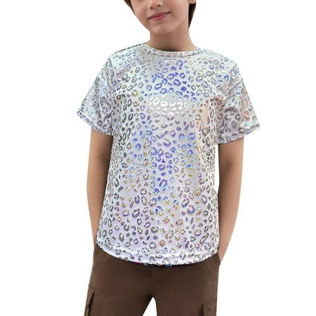 JIAYUE Girls Shirts O-Neck Fashion Leopard Print Sequin Glitter Short Sleeve for Daily Wear Performance and Party Outfits Age 2 to 16 Years Lovely Chi