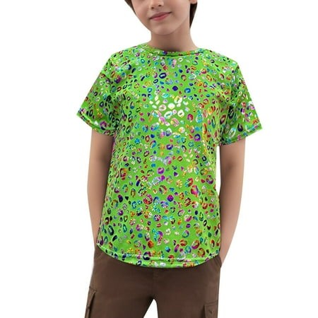 JIAYUE Girls Shirts O-Neck Fashion Leopard Print Sequin Glitter Short Sleeve for Daily Wear Performance and Party Outfits Age 2 to 16 Years Lovely Chi