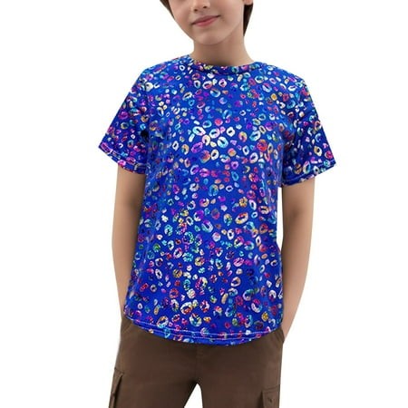 JIAYUE Girls Shirts O-Neck Fashion Leopard Print Sequin Glitter Short Sleeve for Daily Wear Performance and Party Outfits Age 2 to 16 Years Lovely Chi