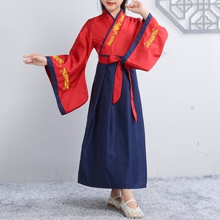 Conairie Hanfu Dresses for Boys Girls Chinese Style Wide Sleeves Tai Chi Uniform Performance for Kid Red 15-16 Y
