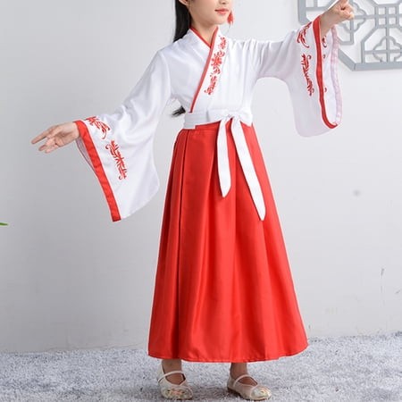 Conairie Hanfu Dresses for Boys Girls Chinese Style Wide Sleeves Tai Chi Uniform Performance for Kid White 15-16 Y