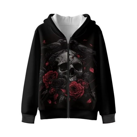 Uorisanigo Zip up Hoodie Boys Girls Long Sleeve Sweatshirts Jacket Kids Casual Red Rose Skull Raven Coat Hooded Jackets Pullover Tops Fall Outfits Tre