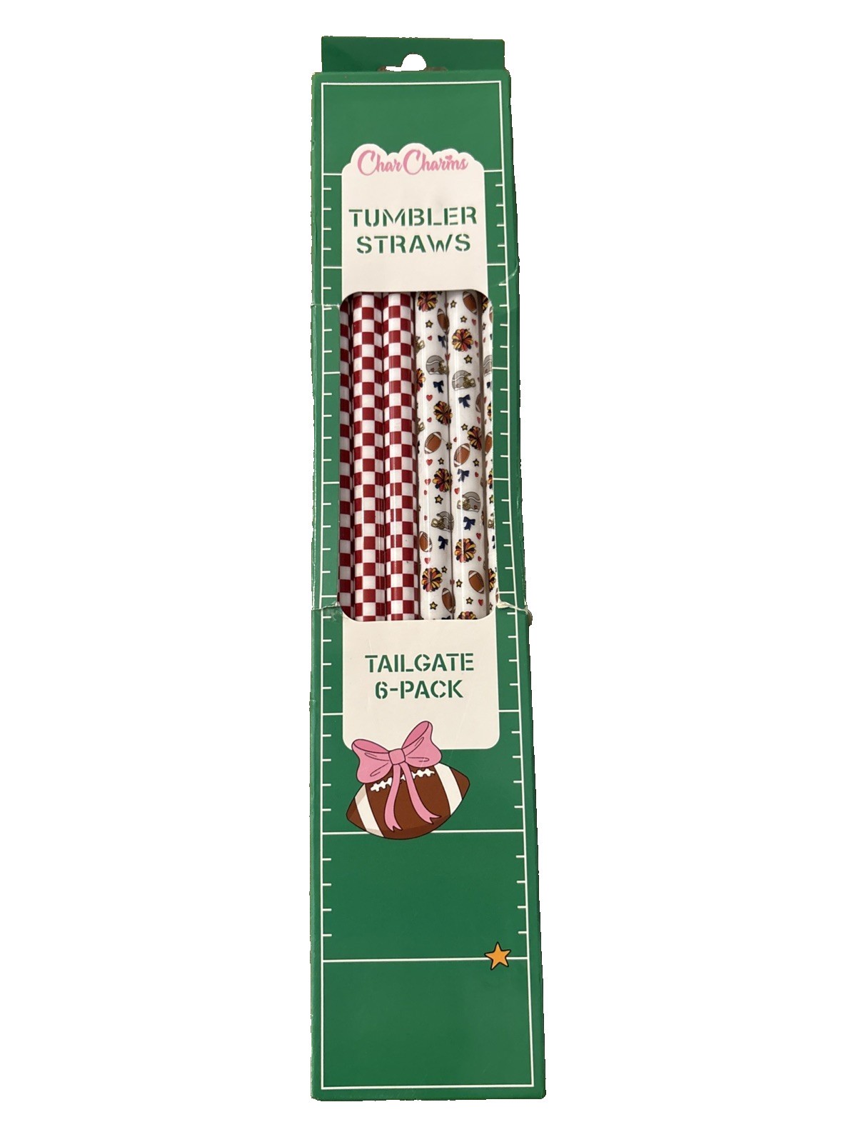 CharCharms 40oz Tailgate Football Tumbler Straws 6‑Pack Reusable New