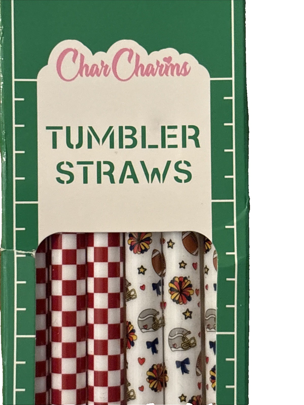 CharCharms 40oz Tailgate Football Tumbler Straws 6‑Pack Reusable New