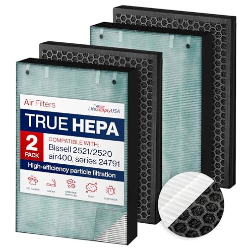 2521/2520 Filter Replacement Compatible with Bissell Air400 Series 24791 -3-in-1 True HEPA + Activated Carbon + Pre-Filter by LifeSupplyUSA (2-Pack)
