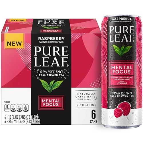 Pure Leaf Mental Focus Sparkling Real Brewed Iced Tea, Raspberry, 12 Fl Oz Cans (6 Pack), Caffeine, L Theanine, Zero Sugar, Zero Calories