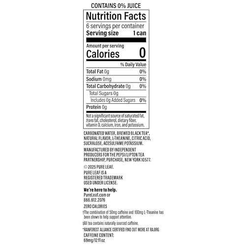 Pure Leaf Mental Focus Sparkling Real Brewed Iced Tea, Raspberry, 12 Fl Oz Cans (6 Pack), Caffeine, L Theanine, Zero Sugar, Zero Calories thumbnail