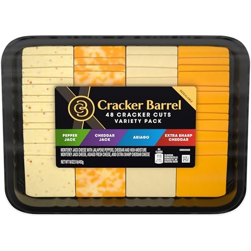 Cracker Barrel Cracker Cuts Pepper Jack, Cheddar Jack, Asiago & Extra Sharp Cheddar Cheese Slice Variety Pack, 48 Ct Tray