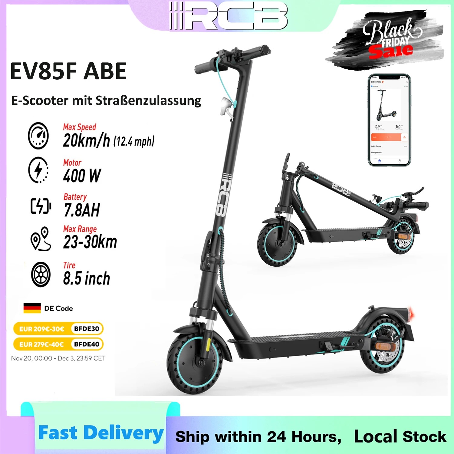 RCB Elektroroller Für Erwachsene EV85F ABE, APP-Steuerung, 400-W-Motor, 7,8-Ah-Akku, 20 Km/h Höchstgeschwindigkeit, 30 Km Reichweite, Gewicht 15 Kg,