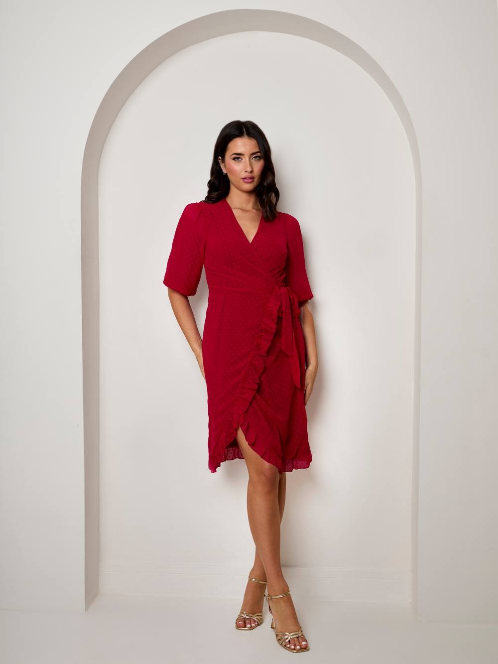Chi Chi London Women's Puff Sleeve Dobby Ruffle Wrap Mini Dress in Red | Size: 16