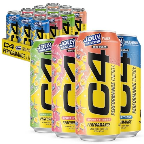 C4 Performance Energy Drink, Jolly Rancher Variety Pack, Zero Sugar Carbonated Preworkout Energy, 200mg Caffeine with Beta Alanine, 16 Fl Oz (12 Pack)