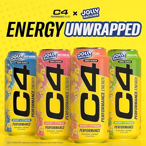 C4 Performance Energy Drink, Jolly Rancher Variety Pack, Zero Sugar Carbonated Preworkout Energy, 200mg Caffeine with Beta Alanine, 16 Fl Oz (12 Pack) thumbnail