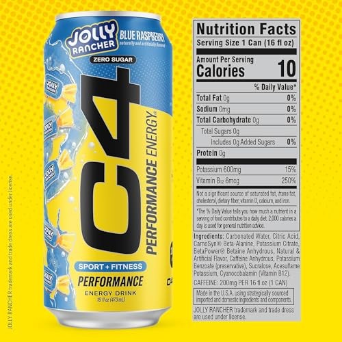 C4 Performance Energy Drink, Jolly Rancher Variety Pack, Zero Sugar Carbonated Preworkout Energy, 200mg Caffeine with Beta Alanine, 16 Fl Oz (12 Pack) thumbnail