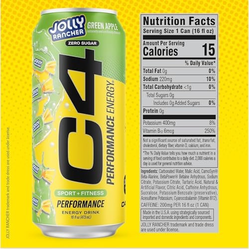 C4 Performance Energy Drink, Jolly Rancher Variety Pack, Zero Sugar Carbonated Preworkout Energy, 200mg Caffeine with Beta Alanine, 16 Fl Oz (12 Pack) thumbnail