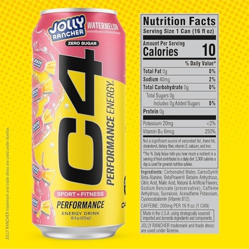 C4 Performance Energy Drink, Jolly Rancher Variety Pack, Zero Sugar Carbonated Preworkout Energy, 200mg Caffeine with Beta Alanine, 16 Fl Oz (12 Pack) thumbnail