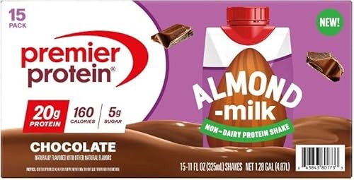 Premier Protein Chocolate Almond Milk Non-Dairy Protein Shake, 20g Protein, 5g Sugar, 160 Calories, 11 Fl Oz, 15 Pack