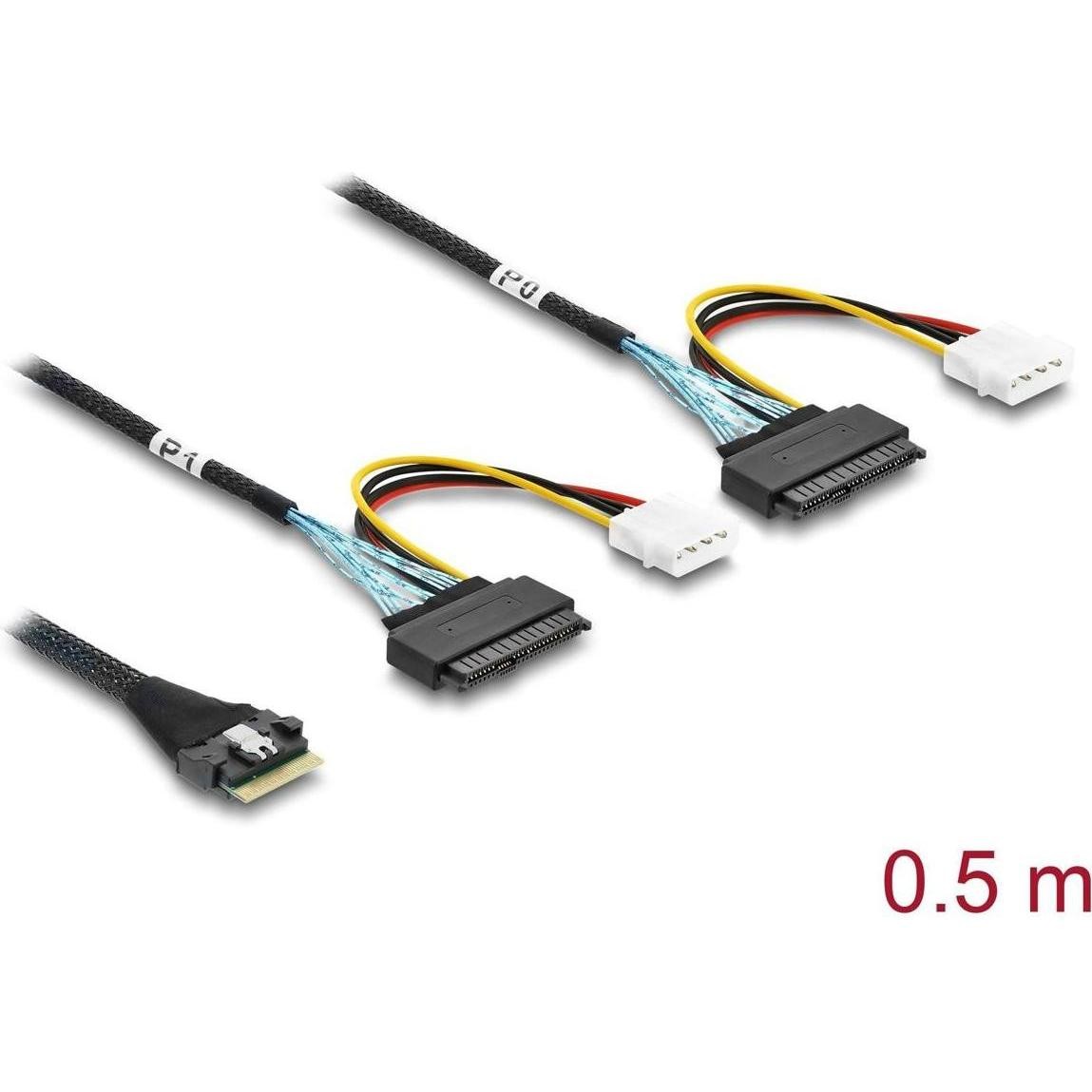 Delock PCIe 4.0 Kabel Slim SAS SFF-8654 8i Zu 2 X U.2 SFF-8639 Buchse Stromansc (50cm, Molex a 4 Pin), Cavo Interno (PC)