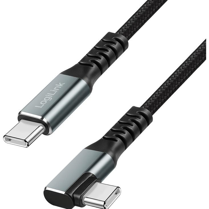 LogiLink USB 3.2 Gen2 Type-C-Kabel, C/M 90° Zu C/M, 10 Gbit/s, 100W, Metall, Nylon, Schwarz, 1 M (1m, USB 3.2 Gen 2, 100W), Cavo USB