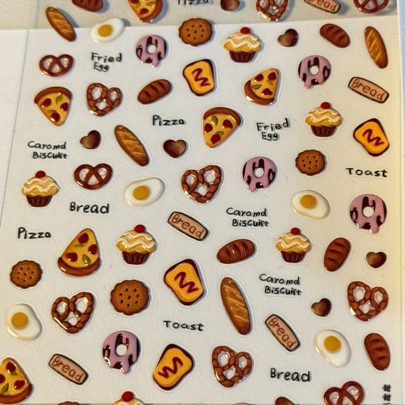 1 Pièce D'autocollants Pour Ongles Relief 3D Style Y2K Marron Mignons Biscuits Gâteau Pain Pizza Autocollants Nourriture Mignonne Autocollants Pour 