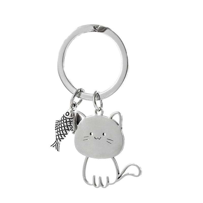 Porte-clés Drôle De Dessin Animé Poisson Chat Couple Porte-clés En Acier Inoxydable Joli Pendentif 1PC thumbnail