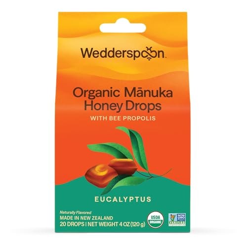 Wedderspoon Organic Manuka Honey Drops, Eucalyptus & Bee Propolis, 20 Count | USDA Organic | Genuine New Zealand Honey, Natural Remedy for Dry Throat
