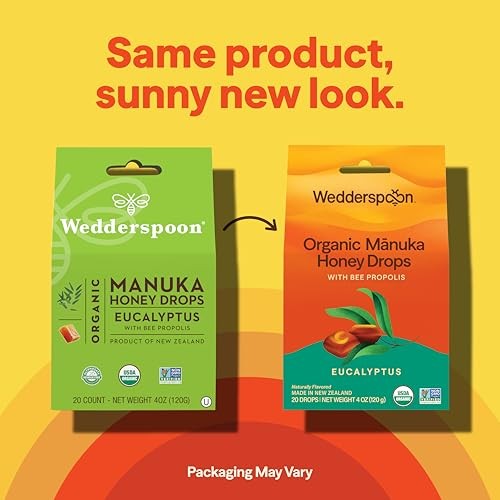 Wedderspoon Organic Manuka Honey Drops, Eucalyptus & Bee Propolis, 20 Count | USDA Organic | Genuine New Zealand Honey, Natural Remedy for Dry Throat thumbnail