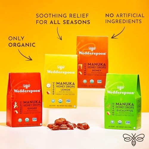 Wedderspoon Organic Manuka Honey Drops, Eucalyptus & Bee Propolis, 20 Count | USDA Organic | Genuine New Zealand Honey, Natural Remedy for Dry Throat thumbnail