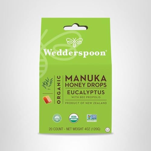 Wedderspoon Organic Manuka Honey Drops, Eucalyptus & Bee Propolis, 20 Count | USDA Organic | Genuine New Zealand Honey, Natural Remedy for Dry Throat thumbnail
