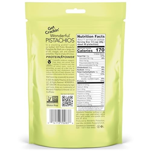 Wonderful Pistachios No Shells Dill Pickle Nuts, 11 Ounce Resealable Bag, Protein Snacks, Gluten Free, Healthy Snacks thumbnail