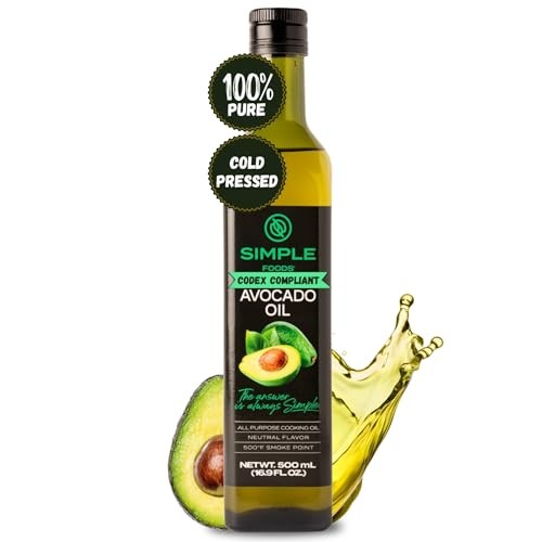 Simple Foods 100% Pure Avocado Cooking Oil - Mild Flavor and Cold Pressed | (1) 16.9 Fl Oz Glass Bottle | Non-GMO, Kosher, Avocado Oil for High Heat C