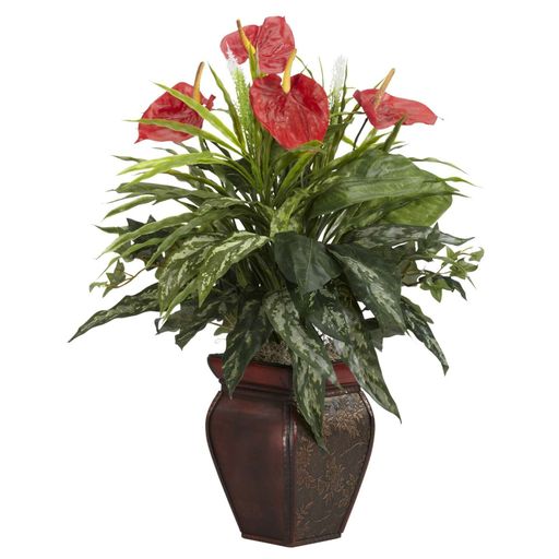 Nearly Natural 6678 Mixed Greens and Anthurium with Vase Decorative Silk Plan.