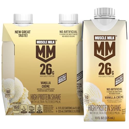 Muscle Milk High Protein Shake, Vanilla Creme, 11 Fl Oz Cartons (4 Pack) Ultra-Filtered Milk, 26g High Quality Protein, 3g Sugar, 160 Calories, No Art